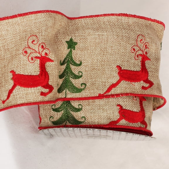 The Ribbon People Natural Red and Beige Burlap Deer Wired Craft Ribbon 4" x 10 Yards
