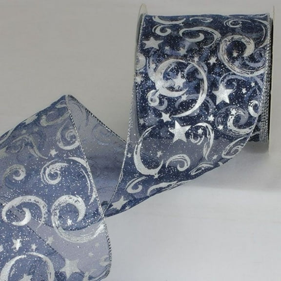 Navy Blue Sheer Mini Stars Wired Craft Ribbon 4" x 20 Yards