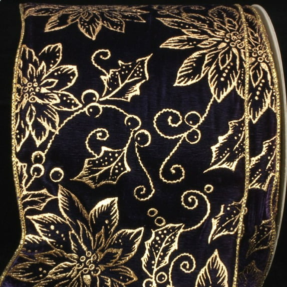 The Ribbon People Navy Blue and Gold Contemporary Floral Craft Ribbon 6" x 20 Yards