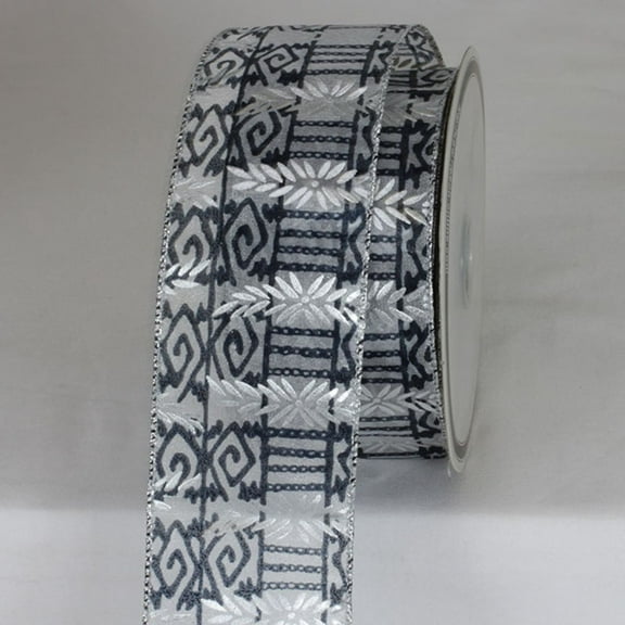 The Ribbon People Navy Blue and Silver Aztec Wired Craft Ribbon 2.5" x 20 Yards