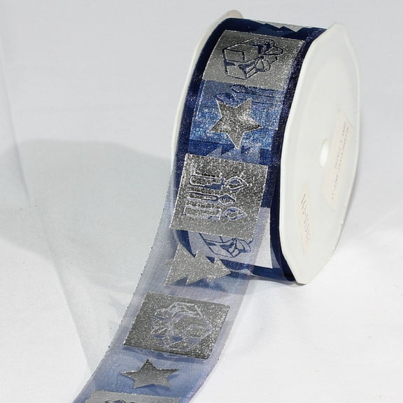The Ribbon People Navy Blue and Silver Colored German Christmas Print Organza Craft Ribbon 1.5" x 54