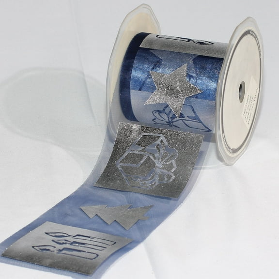 The Ribbon People Navy Blue and Silver Colored German Christmas Print Organza Craft Ribbon 3" x 27