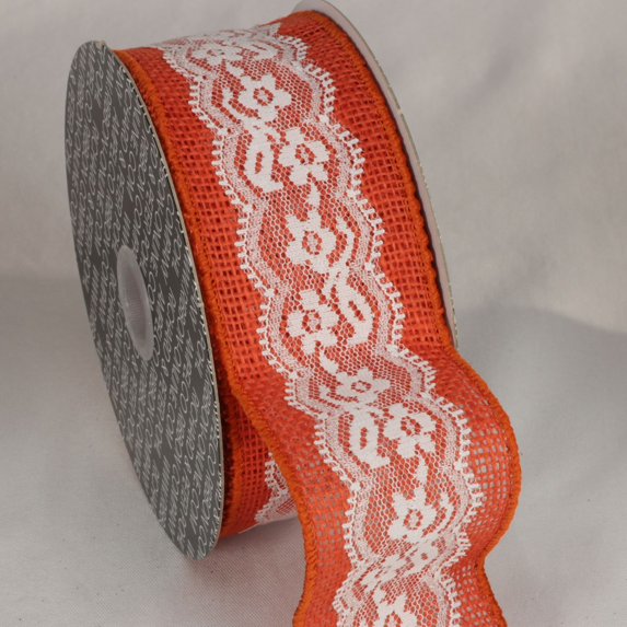 The Ribbon People Orange and White Floral Print Lace Craft Ribbon 2.5" x 10 Yards