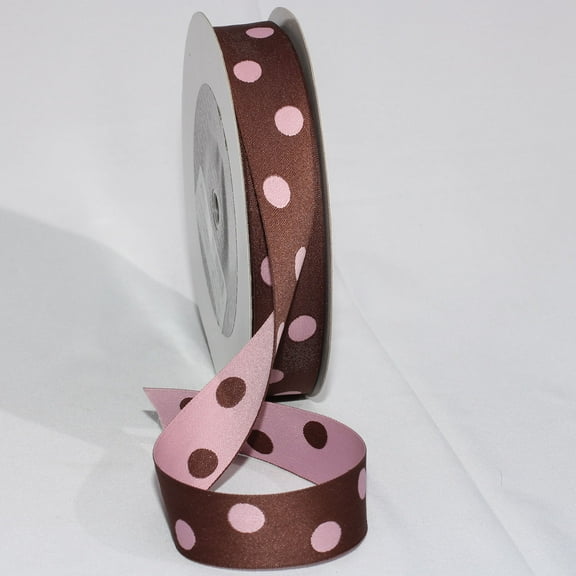 The Ribbon People Pink and Brown Polka Dot Woven Craft Ribbon 1" x 54 Yards