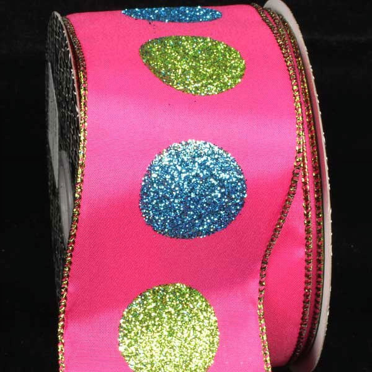 The Ribbon People Pink and Green Glitter Dots Wired Craft Ribbon 2.5" x 40 Yards