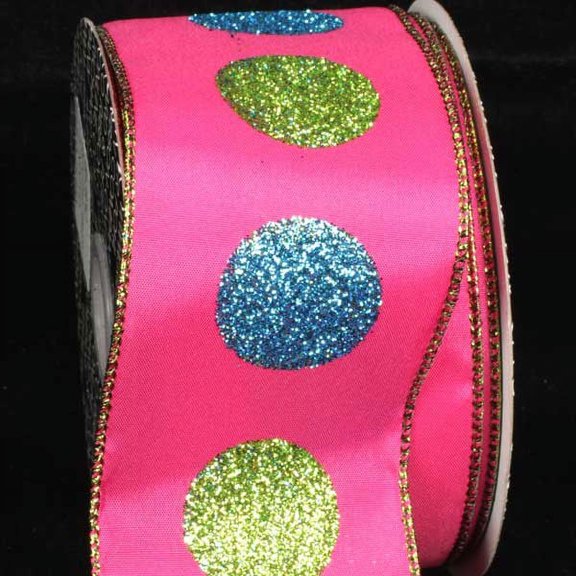 The Ribbon People Pink and Green Glitter Dots Wired Craft Ribbon 2.5" x 40 Yards