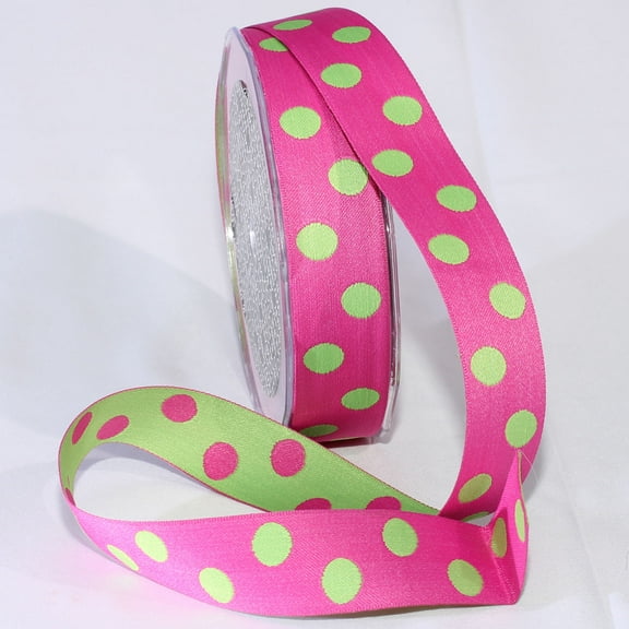 The Ribbon People Pink and Green Polka Dot Woven Craft Ribbon 1" x 54 Yards
