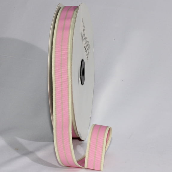The Ribbon People Pink and Ivory Striped Woven Grosgrain Craft Ribbon 0.75" x 55 Yards
