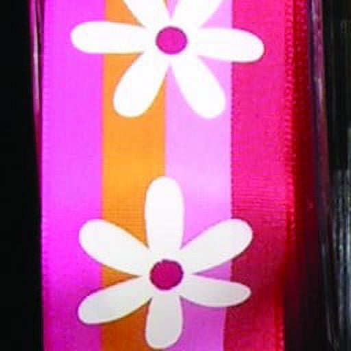 The Ribbon People Pink and White Woven Stripes with Flowers Wired Craft Ribbon 1.5" x 27 Yards