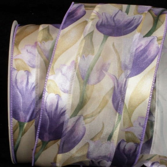 Purple and White Embossed Flowers Wired Craft Ribbon 4" x 20 Yards