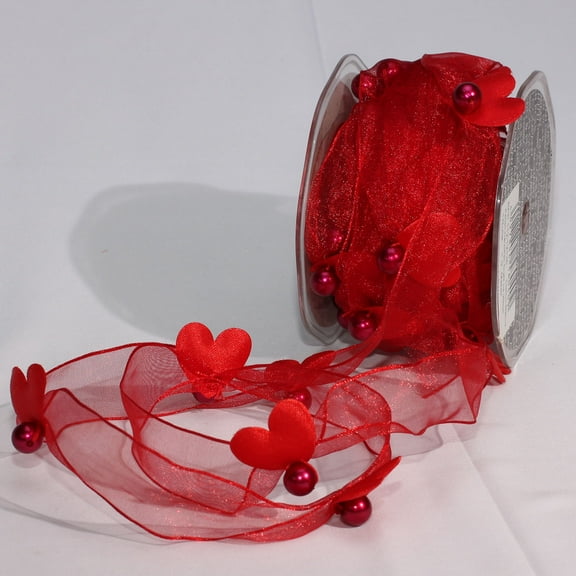 Red Organdy Hearts and Pearls Wired Craft Ribbon 1" x 20 Yards