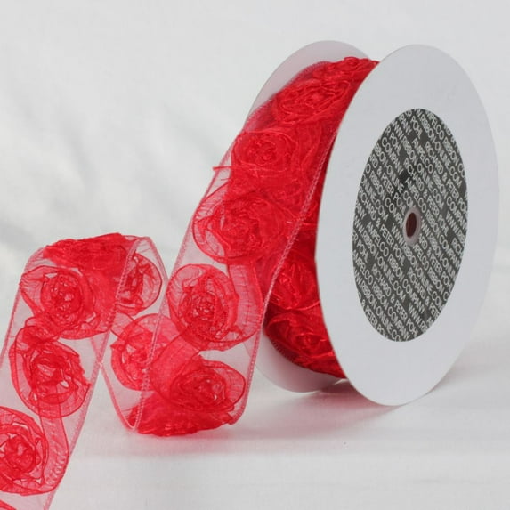 The Ribbon People Red Sheer Elegance Roses Wired Craft Ribbon 1.5" x 11 Yards