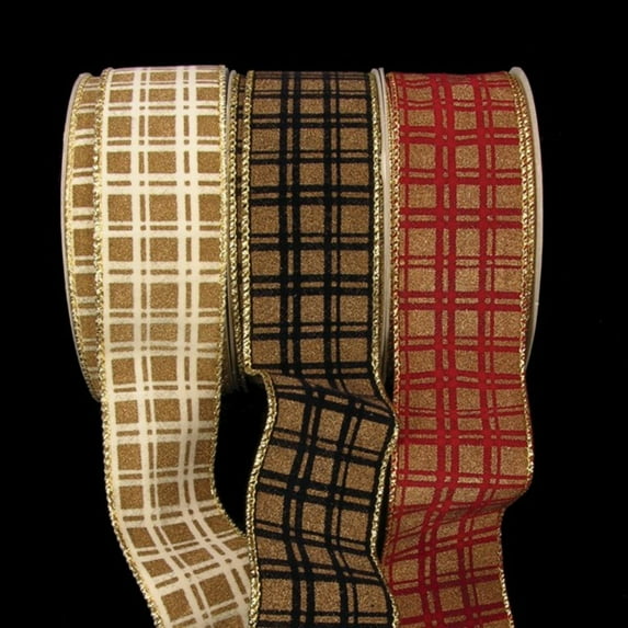 The Ribbon People Red Velvet with Gold Glitter Plaid Wired Craft Ribbon 2" x 40 Yards