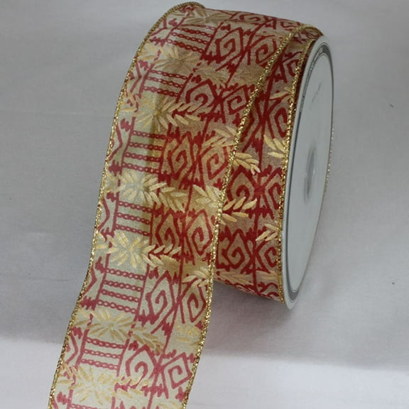The Ribbon People Red and Gold Aztec Semi Sheer Metallic Wired Craft Ribbon 2.5" x 20 Yards