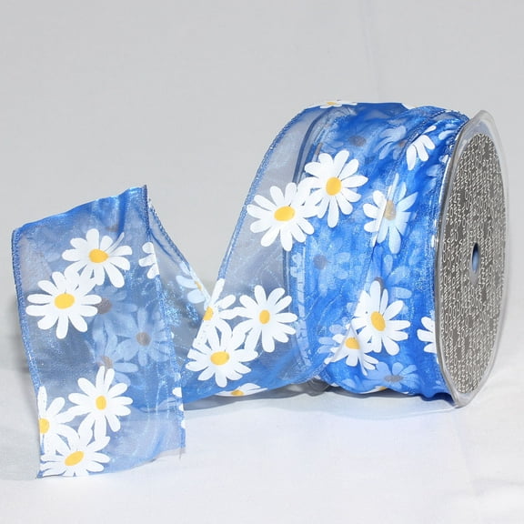 The Ribbon People Royal Blue Organdy with Daisy Print Wired Craft Ribbon 2" x 54 Yards