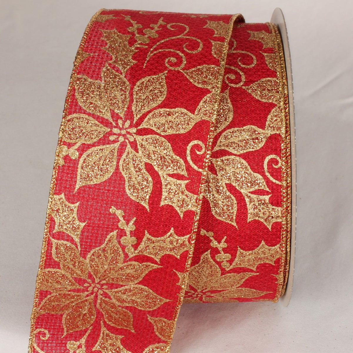 One Ruby Ribbon The Ribbon People Ruby Red and Gold Poinsettia Wired Craft Ribbon 3