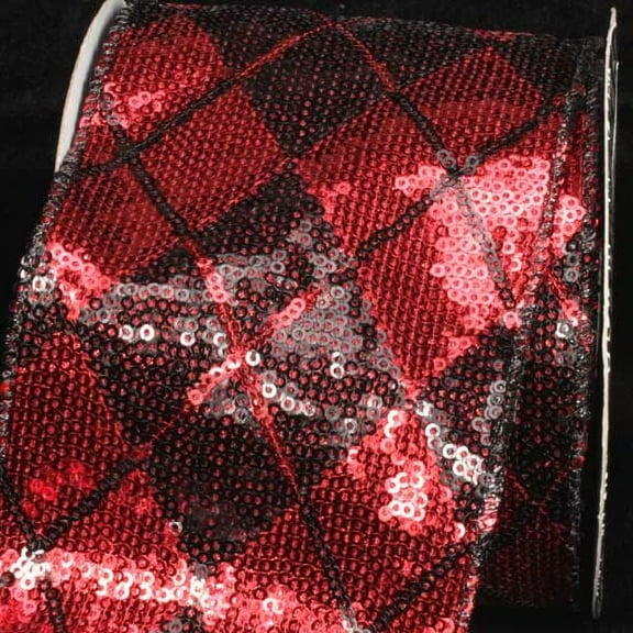 The Ribbon People Sequined Argyle Red and Black Wired Craft Ribbon 4" x 10 Yards
