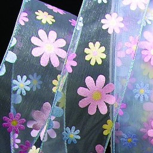 The Ribbon People Sheer Blue Colorful Pastel Flowers Wired Craft Ribbon 1.5" x 40 Yards