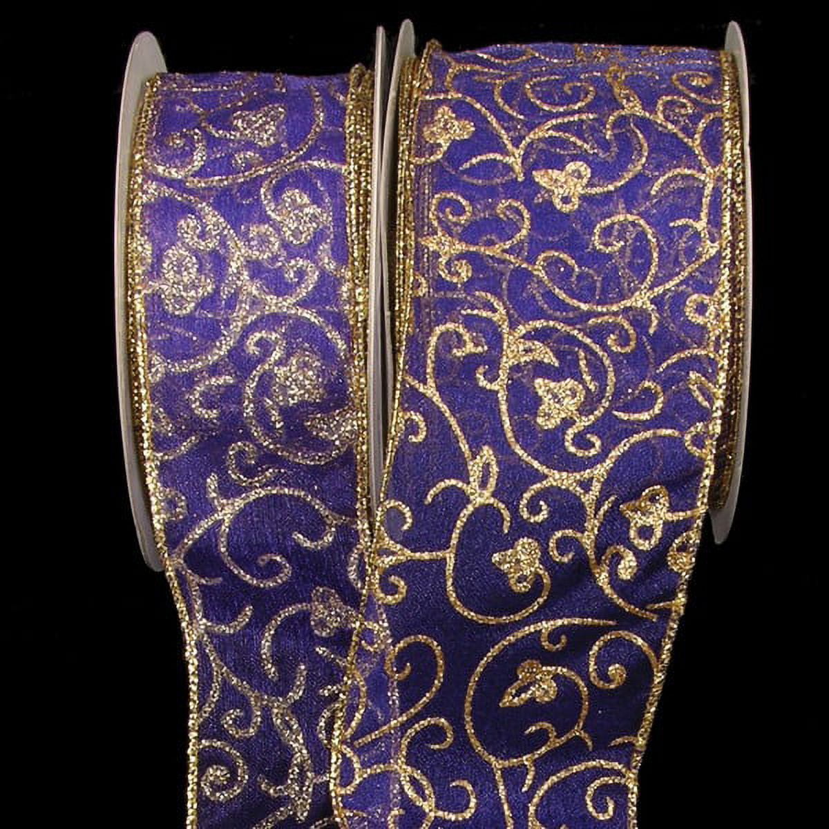The Ribbon People Sheer Purple and Gold Swirling Floral Wired Craft Ribbon 2" x 40 Yards
