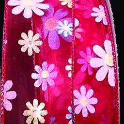 The Ribbon People Sheer Red Colorful Pastel Flowers Wired Craft Ribbon 1.5" x 40 Yards