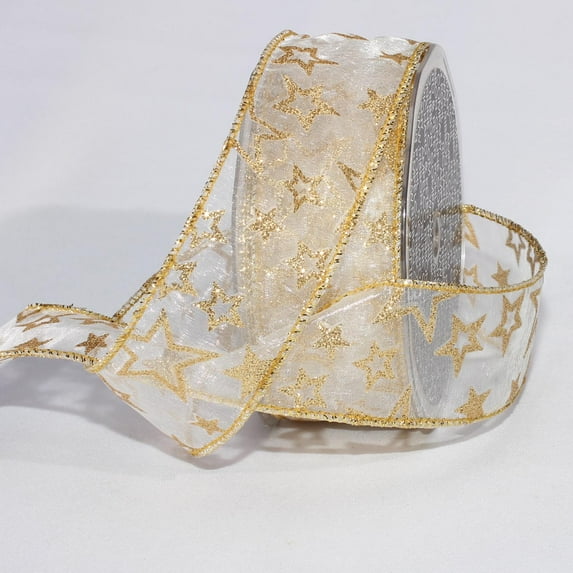 Sheer Shimmering Ivory and Gold Stars Wired Craft Ribbon 1.5" x 40 Yards