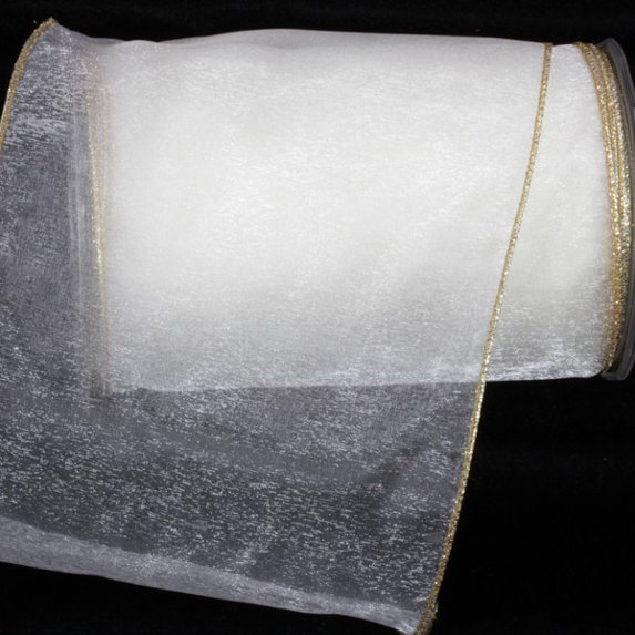 The Ribbon People Sheer White and Gold Edge Wired Craft Ribbon 6" x 27 Yards