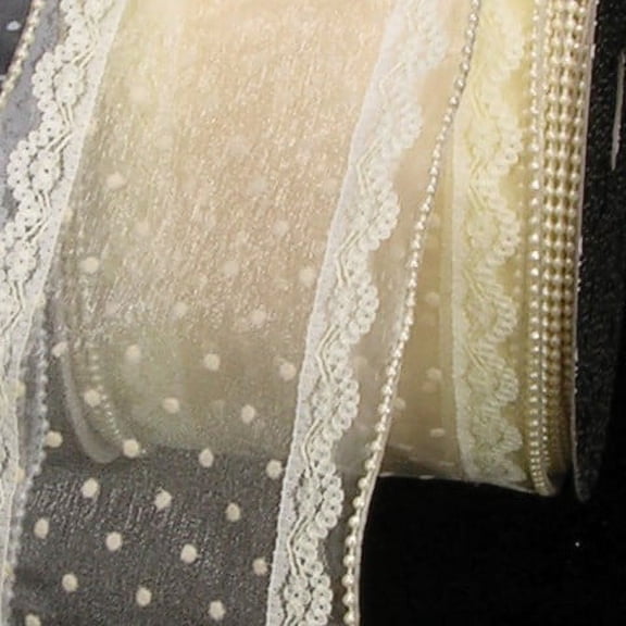 Shimmering Pearl and Cream White Sheer Dots Lace Wired Craft Ribbon 4" x 20 Yards
