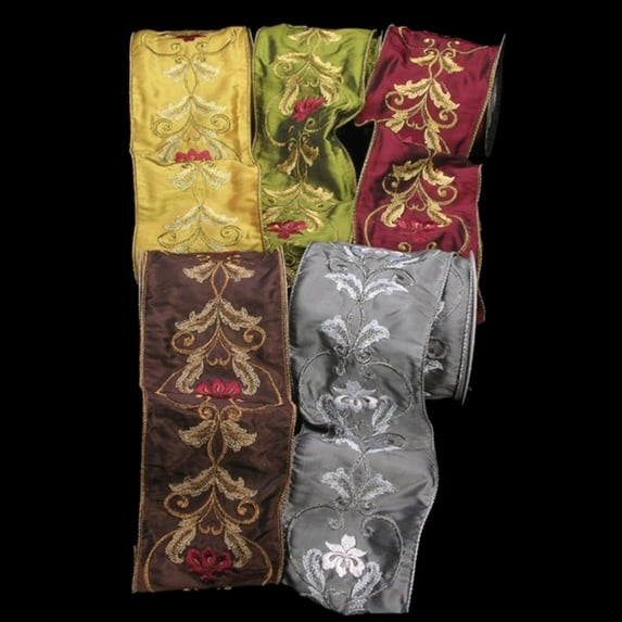 The Ribbon People Silver Colored Satin Silk with Acanthus Print Wired Craft Ribbon 4" x 10 Yards
