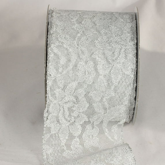 The Ribbon People Silver Contemporary Floral Print Lace Craft Ribbon 4" x 20 Yards
