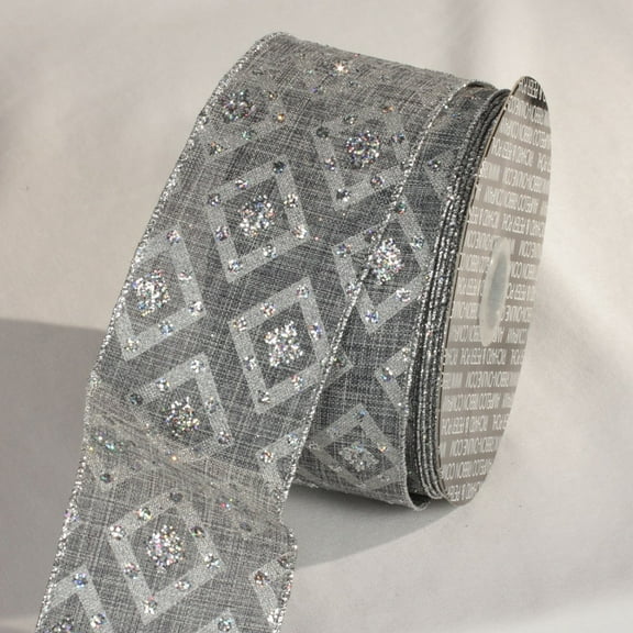 The Ribbon People Silver Glittered Diamond Motif Wired Craft Ribbon 2.5" x 20 Yards