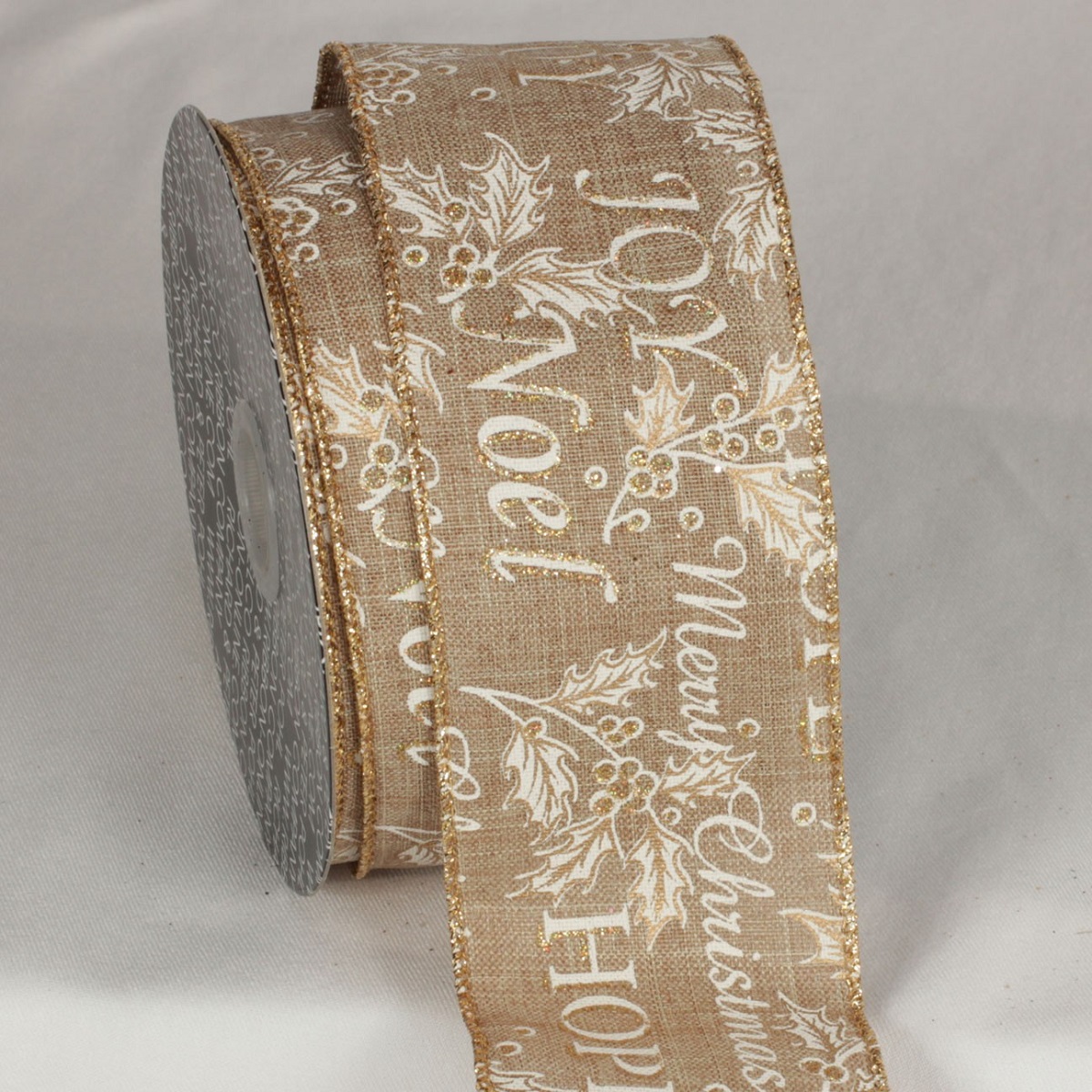 The Ribbon People Tan Brown and Gold Merry Christmas Print Wired Ribbon ...