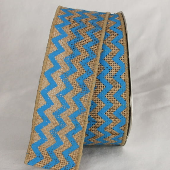 The Ribbon People Tan and Blue Burlap Chevron Print Wired Craft Ribbon 2" x 40 Yards