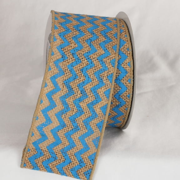 The Ribbon People Tan and Blue Burlap Chevron Print Wired Craft Ribbon 3" x 40 Yards