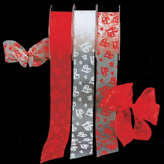 The Ribbon People White Modern Heart Print Cut Edge Organza Craft Ribbon 1.5" x 50 Yards