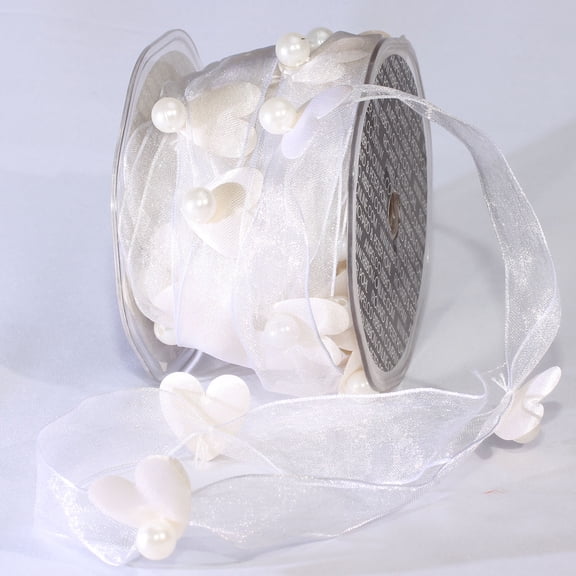 White Organdy Hearts and Pearls Wired Craft Ribbon 1" x 20 Yards