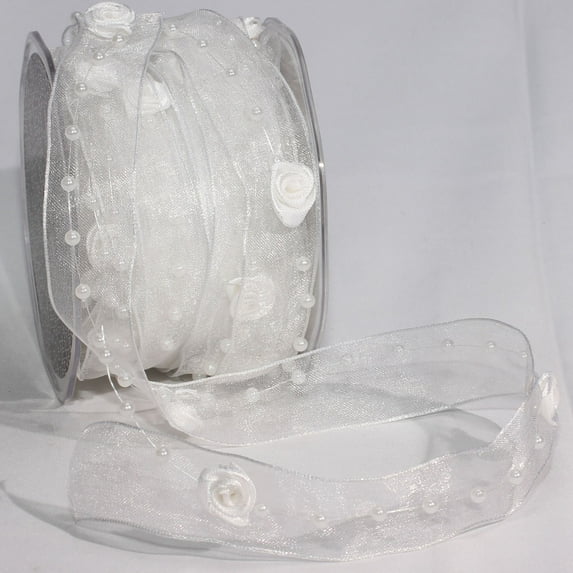 The Ribbon People White Organdy Roses and Pearls Wired Craft Ribbon 1" x 20 Yards