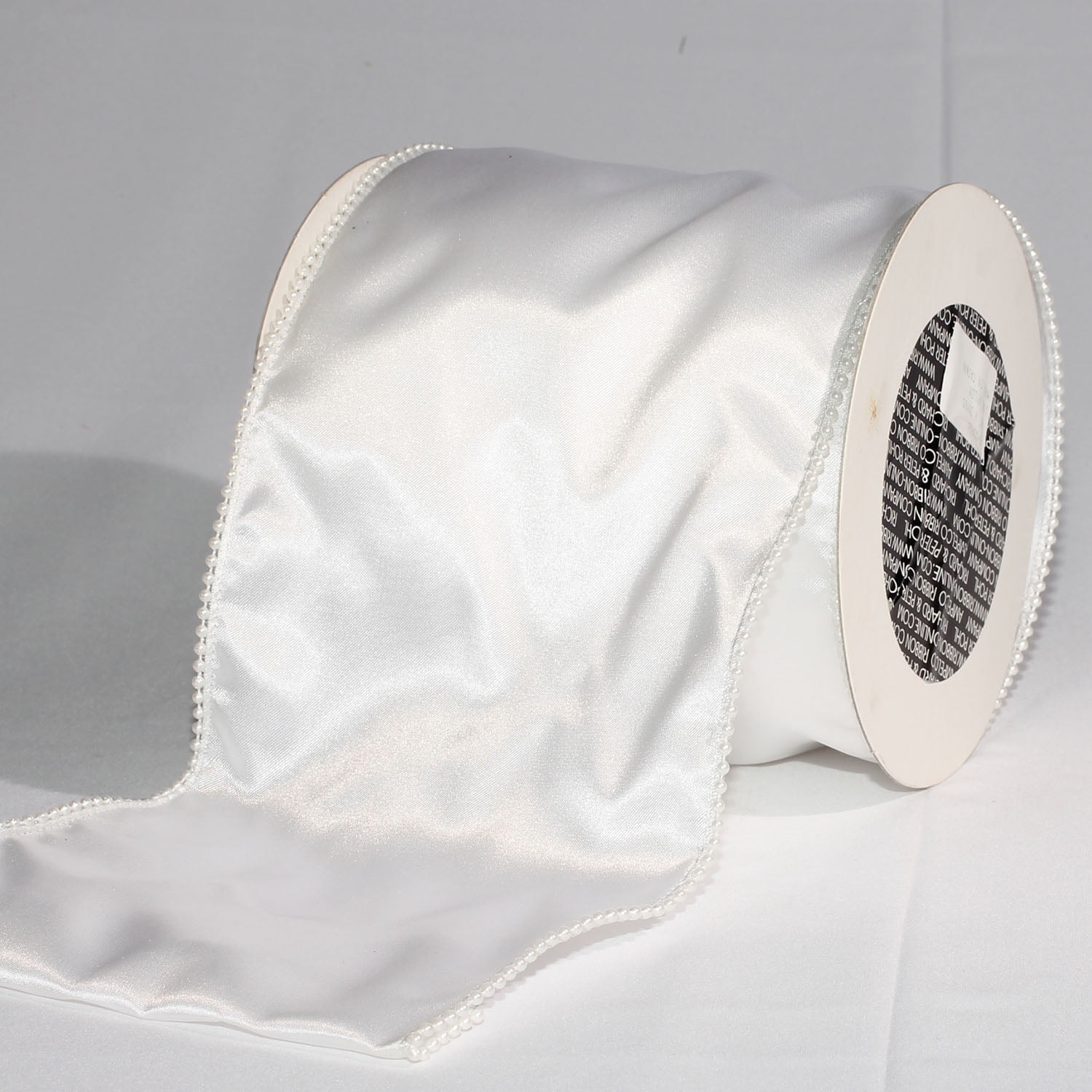 White Pearl Edge Satin Wired Craft Ribbon 6" x 20 Yards
