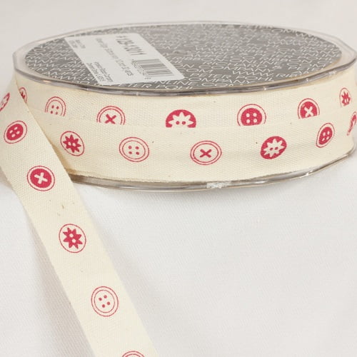 The Ribbon People White and Red Buttons Printed Woven Edge Craft Ribbon 0.5" x 60 Yards