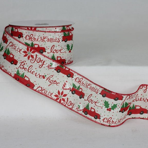 The Ribbon People White and Red "Joy Believe Hope Peace" Christmas Ribbed Wired Craft Ribbon 2.5" x