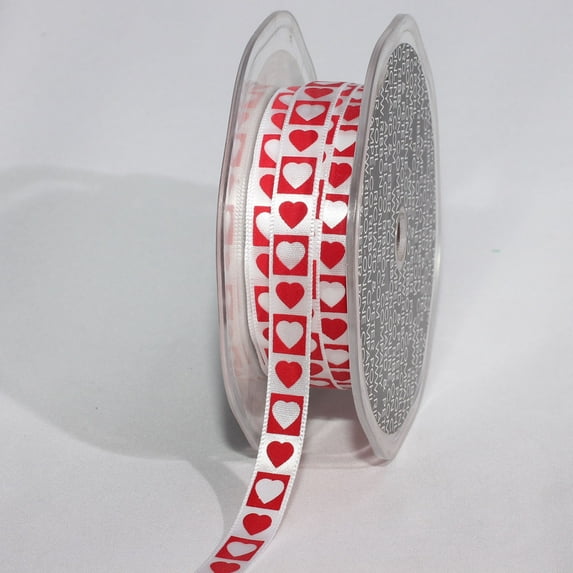 The Ribbon People White and Red Square Heart Print Woven Edge Craft Ribbon 0.25" x 108 Yards