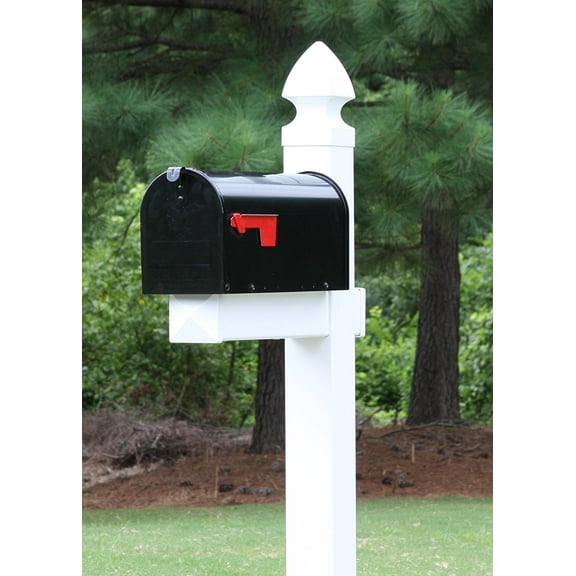 The Richmond Mailbox System with White Vinyl Post, Stand, and Black Mailbox Included