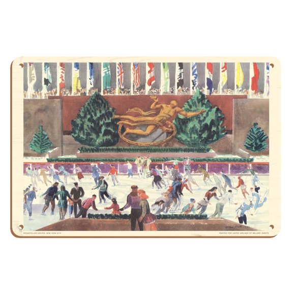 The Rink - Rockefeller Center New York - United Air Lines - Vintage Airline Travel Poster by Millard Sheets c.1951 - 8 x 12 inch Vintage Wood Art Sign