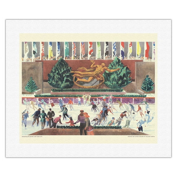 The Rink - Rockefeller Center New York - United Air Lines - Vintage Airline Travel Poster by Millard Sheets c.1951 - Fine Art Rolled Canvas Print 16in x 20in
