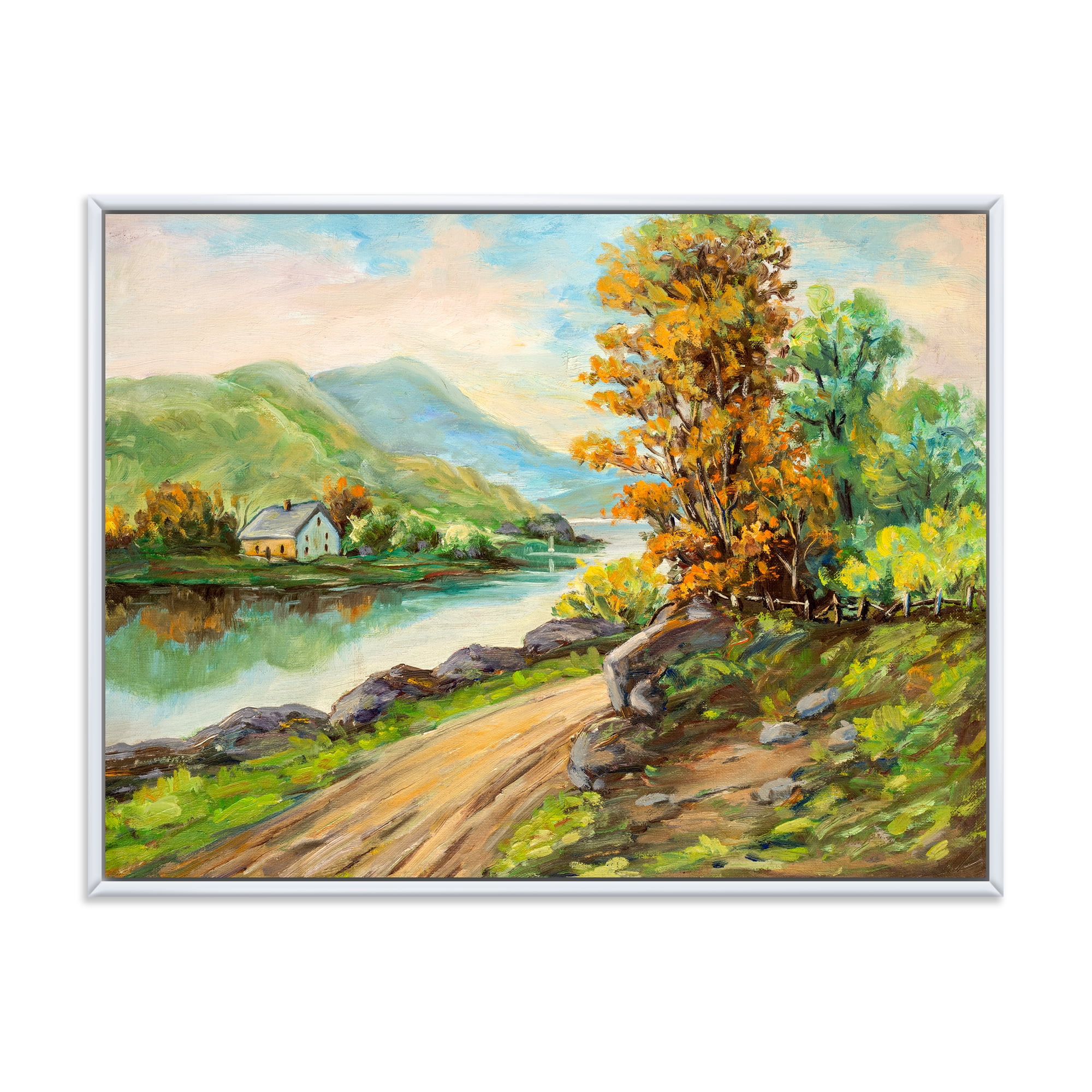 The River By The Rural Road 32 in x 16 in Framed Painting Canvas Art Print, by Designart