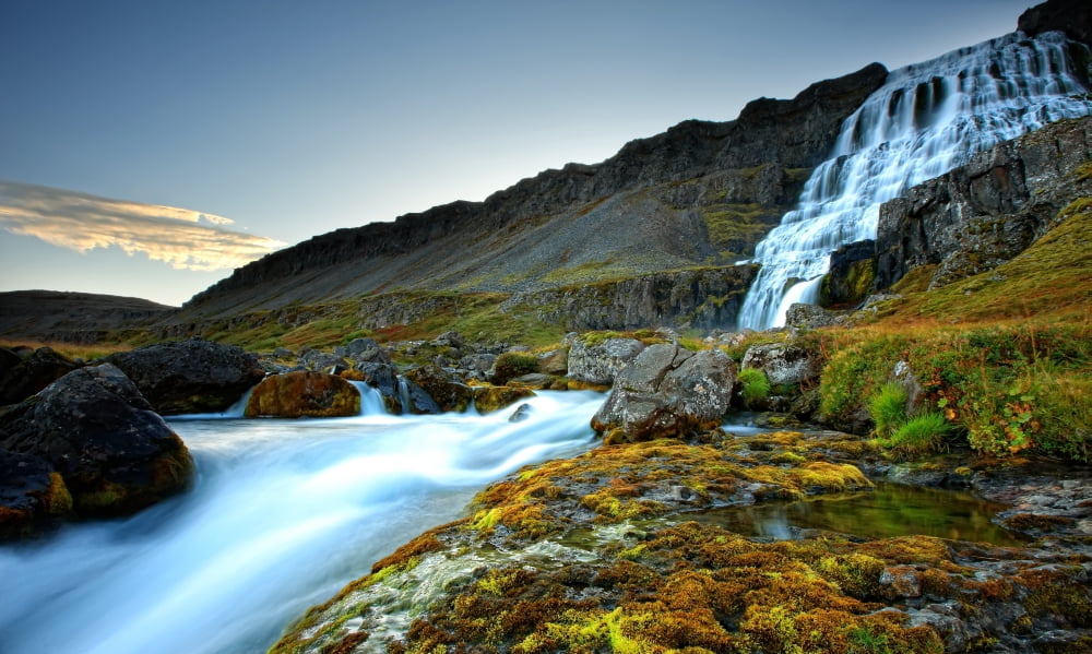 The River Dynjandi Flows Over Fjallfoss At Dawn Western Fjords Of Iceland Canvas Art - Robert Postma Design Pics (36 x 20)