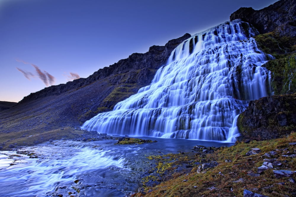 The River Dynjandi Flows Over Fjallfoss In The Western Fjords Of Iceland At Dawn Canvas Art - Robert Postma Design Pics (34 x 22)