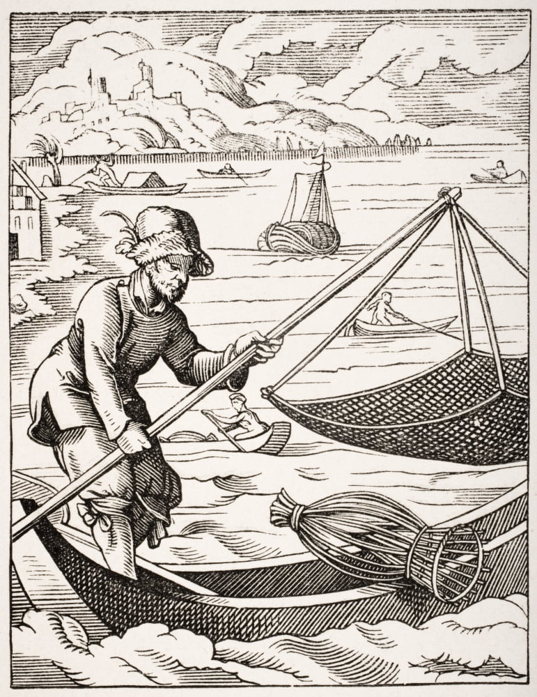 The River Fisherman 19Th Century Copy Of Picture Designed And Engraved In 16Th Century By Jost Amman Canvas Art - Ken Welsh Design Pics (26 x 34)