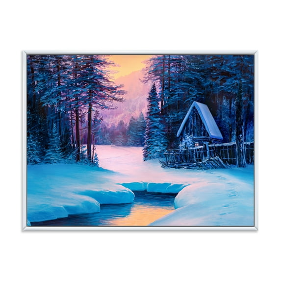 The River House In The Woods and Winter Landscape II 32 in x 16 in Framed Painting Canvas Art Print, by Designart