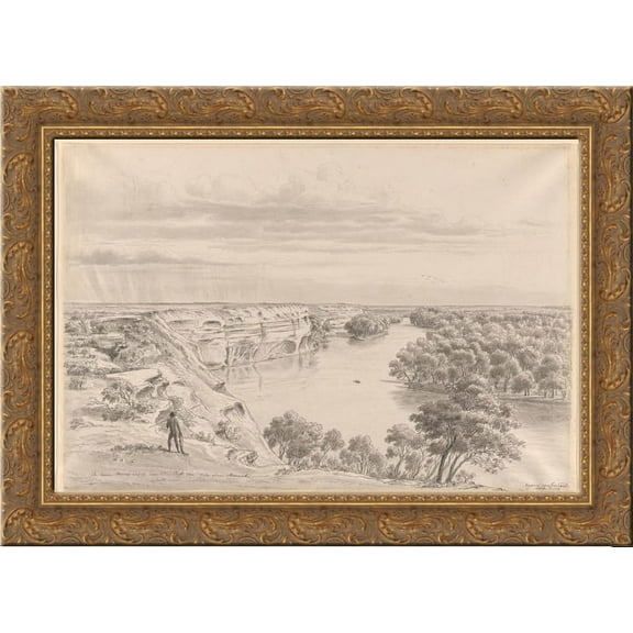The River Murray and its limestone cliffs three miles above Moorundi, south view 24x18 Gold Ornate Wood Framed Canvas Art by Eugene von Guerard