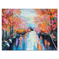 The River Through Orange Autumn Forest 12 in x 8 in Painting Canvas Art Print, by Designart